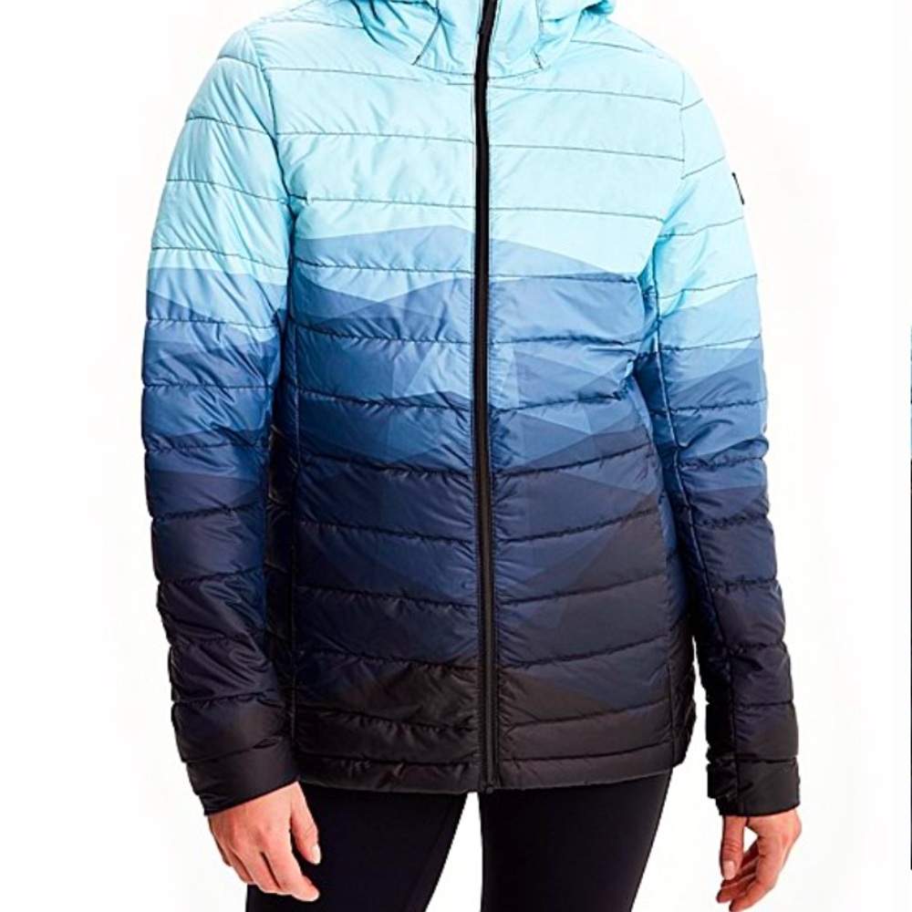 Lole: black & blue gradient, packable hooded Emiline puffer jacket, size M